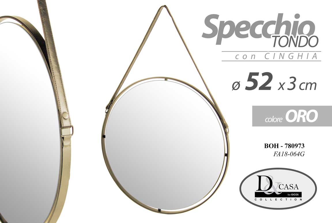 8025569780943 SPECCHIO DA PARETE CINGHIA ORO APPESO PENDENTE CORNICE CLASSICO MODERNO 52 cm - immagine 1