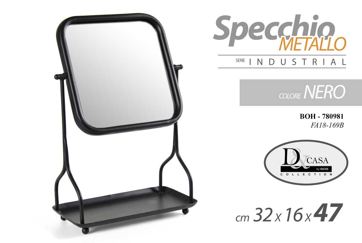 8025569780981 SPECCHIO 47 cm DA TAVOLO METALLO APPOGGIO PORTA OGGETTI NERO BEAUTY BAGNO TRUCCO - immagine 1
