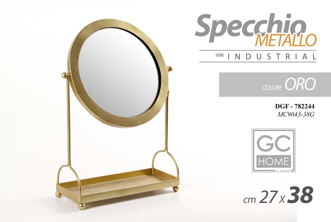 8025569782244 SPECCHIO DA TAVOLO METALLO APPOGGIO PORTA OGGETTI ORO BEAUTY BAGNO TRUCCO 38 CM - immagine 1