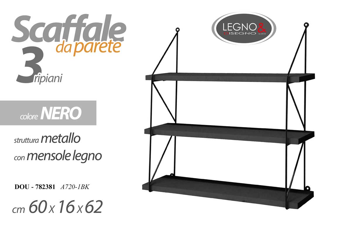 8025569782381 SCAFFALE DA PARETE 3 MENSOLE LEGNO PENSILE MODERNO LIBRERIA METALLO 60*16*62cm - immagine 1