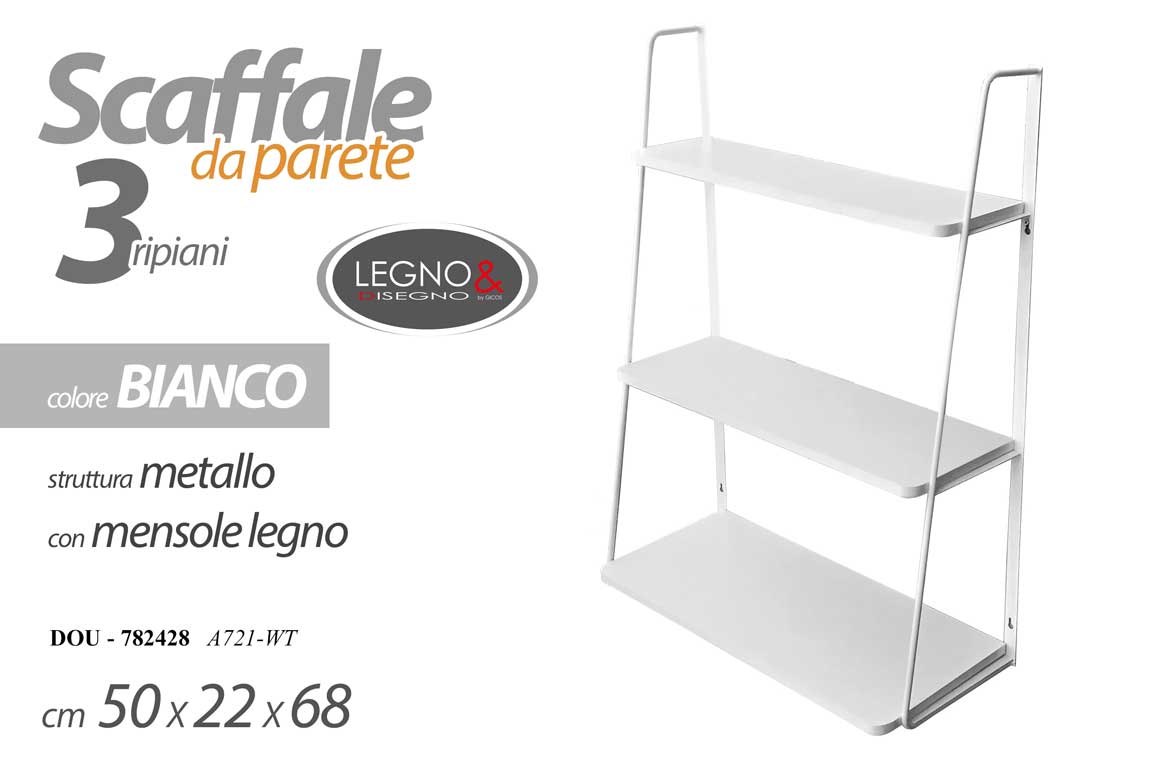 8025569782428 SCAFFALE PORTAOGGETTI DA PARETE 3 RIPIANI 50*22*68CM METALLO LEGNO COLORE BIANCO - immagine 1