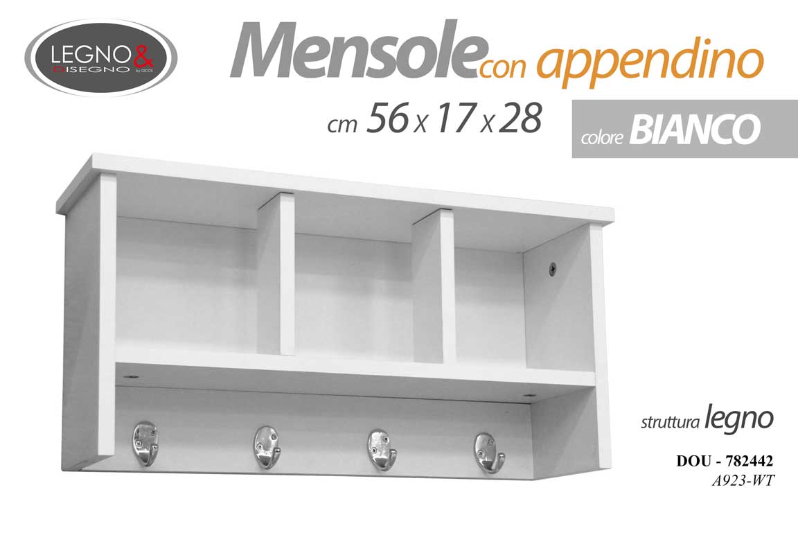 8025569782442 SCAFFALE APPENDINO DA PARETE MENSOLE PORTAOGGETTI ABITI LEGNO BIANCO 56*17*28 CM - immagine 1