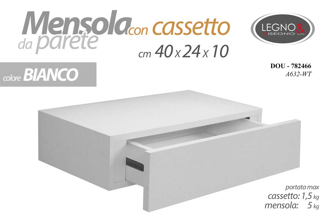 8025569782466 MENSOLA DA PARETE CON CASSETTO SOSPESO PENSILE LEGNO MURO BIANCO 40*24*10 cm - immagine 1