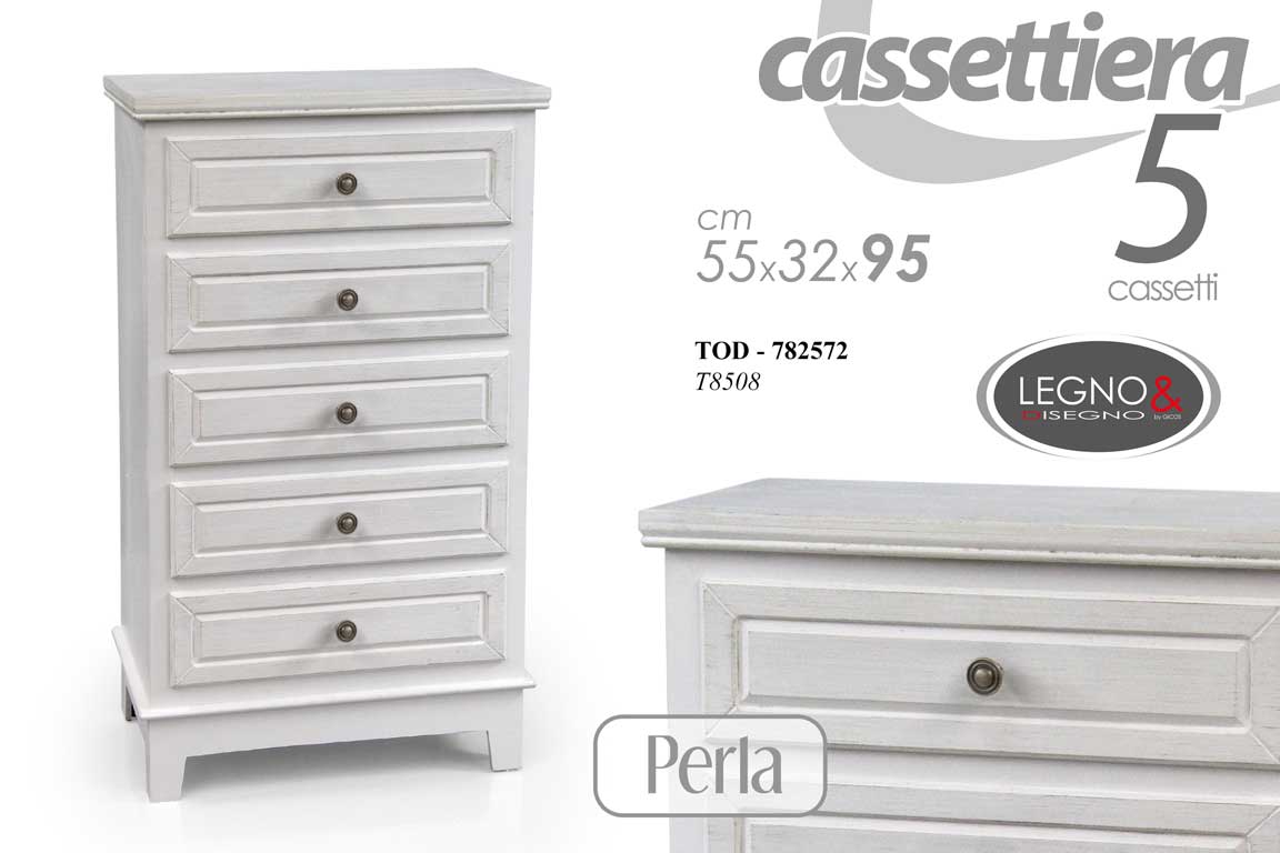 8025569782572 CASSETTIERA SETTIMINO SALVASPAZIO 5 CASSETTI LEGNO SHABBY CHIC PERLA h95*55*32cm - immagine 1