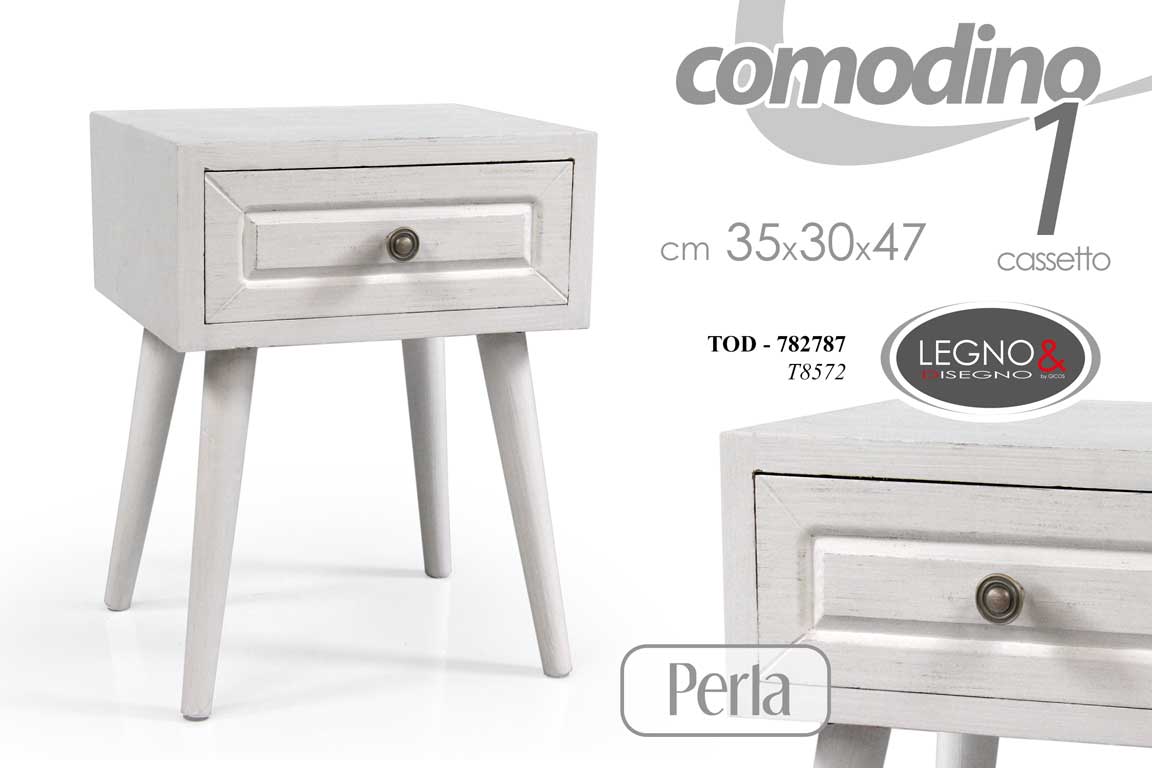 8025569782787 COMODINO PIEDI LEGNO 1 CASSETTO BIANCO PERLA CAMERA LETTO MODERNO h47*35*30 - immagine 1
