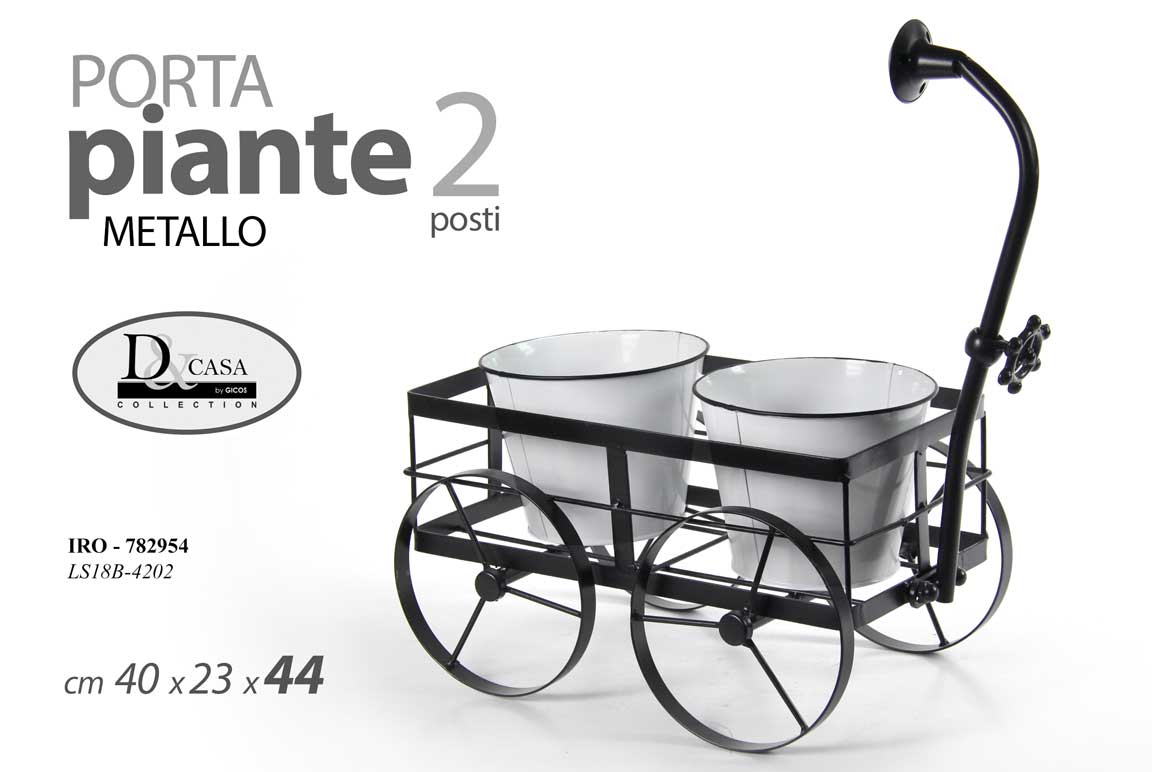 8025569782954 CARRETTO PORTA PIANTA METALLO CARRIOLA 2 VASI FIORI BIANCO NERO 40*23*44 - immagine 1