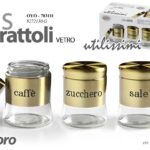 Set barattoli cucina sale zucchero caffè vetro metallo oro dispensa moderno 14cm