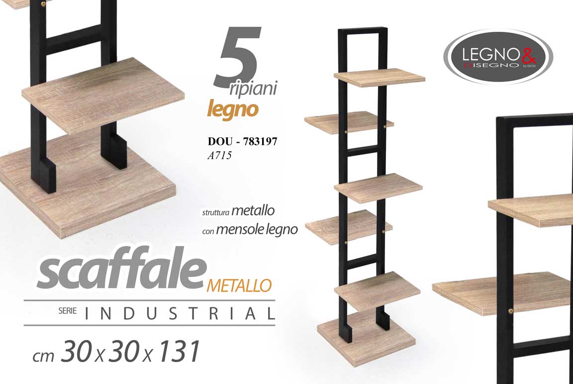 8025569783197 SCAFFALE PORTAOGGETTI LIBRERIA 5 RIPIANI LEGNO 30*30*131CM METALLO COLORE NERO - immagine 1