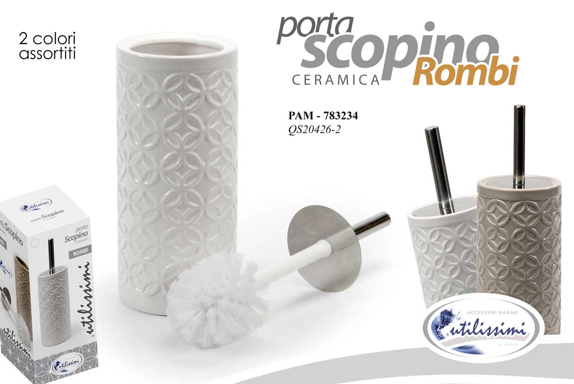 8025569783234 Portascopino da bagno Porta Scopino WC CERAMICA Spazzolone per Water ROMBI 34 cm - immagine 1