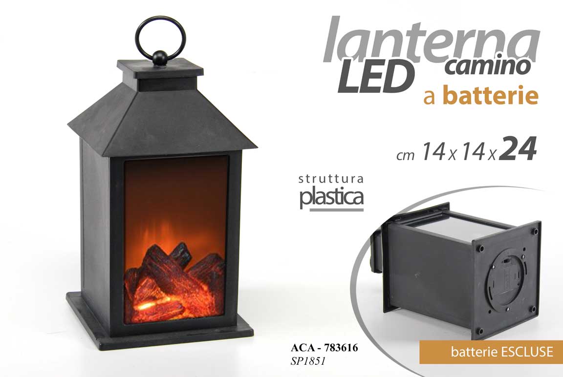 8025569783616 LANTERNA LAMPADA FUOCO CAMINO LED EFFETTO FIAMMA A BATTERIE ABS NERO GANCIO 24cm - immagine 1