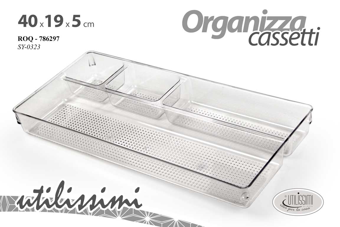 8025569786297 Organizza cassetti organizer cucina bagno ufficio plastica trasparente 40x19 cm - immagine 1