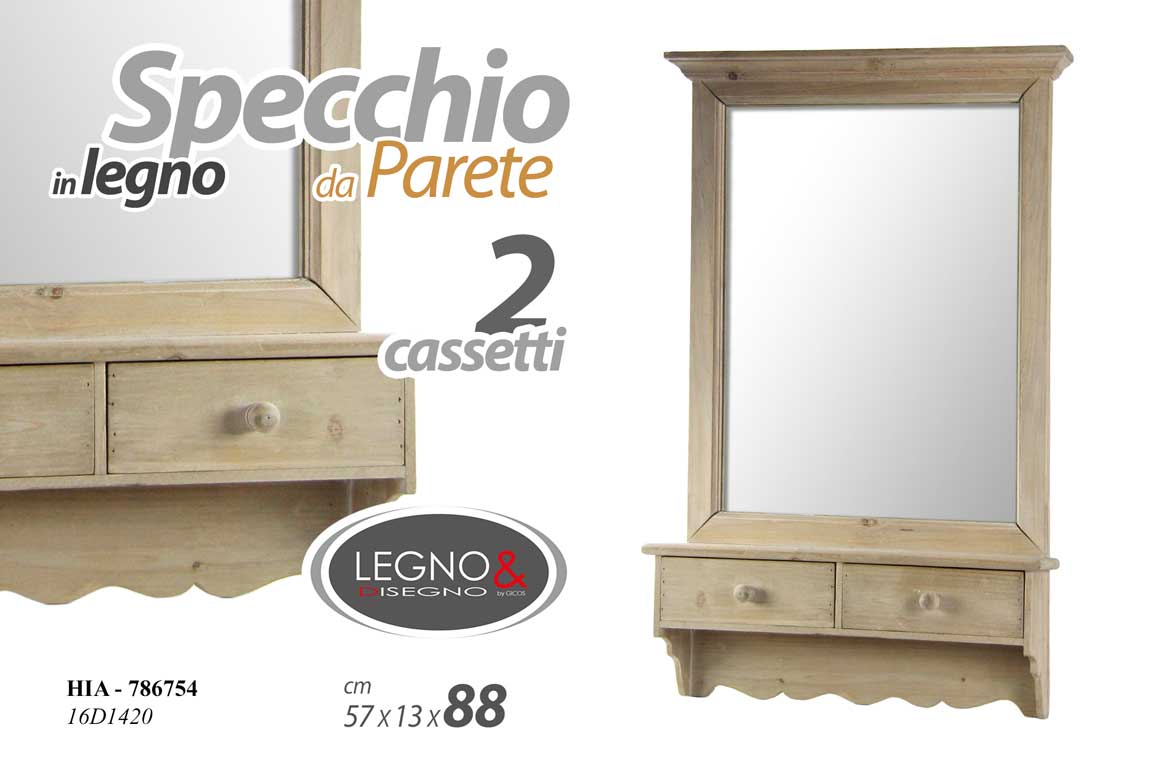 8025569786754 SPECCHIO DA PARETE PENSILE 2 CASSETTI LEGNO SPECCHIERA CLASSICA MODERNO 88*57 cm - immagine 1