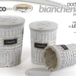 SET 3 CESTE CESTA VIMINI Portabiancheria CONTENITORE COPERCHIO LEGNO 54-50-46cm