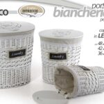 SET 3 CESTE CESTA VIMINI Portabiancheria CONTENITORE COPERCHIO LEGNO 55-47-40cm