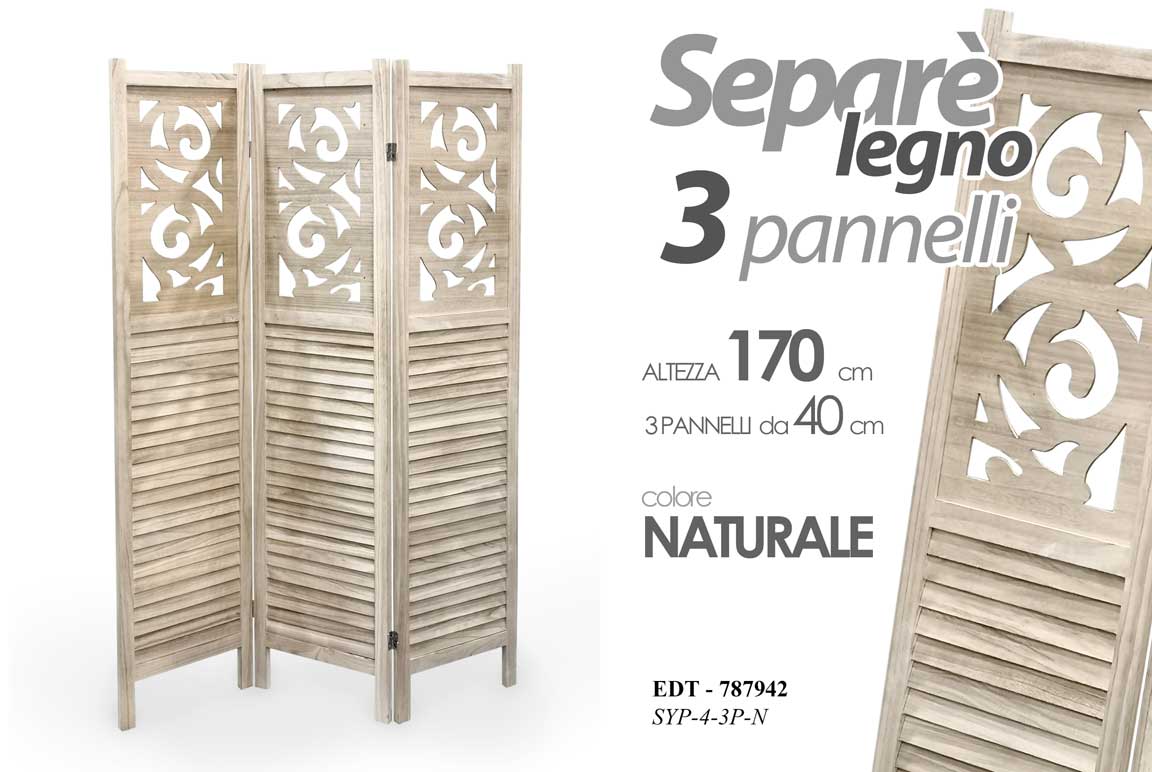 8025569787942 SEPARè PARAVENTO DIVISORIO 3 PANNELLI STILE PERSIANE LEGNO NATURALE h170*120 cm - immagine 1