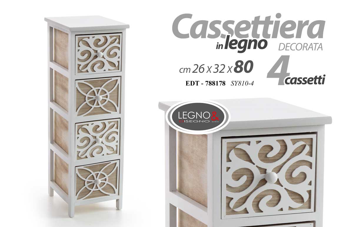 8025569788178 CASSETTIERA LEGNO TRAFORATA 4 CASSETTI SLIM SALVASPAZIO BIANCA LEGNO 80*26*32CM - immagine 1