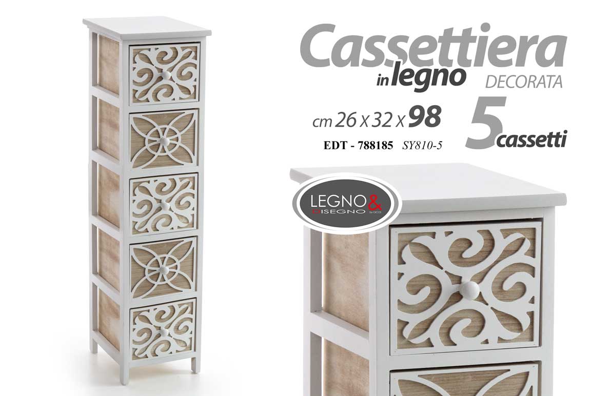 8025569788185 CASSETTIERA LEGNO TRAFORATA 5 CASSETTI SALVASPAZIO CLASSICO MODERNO 98*26*32 CM - immagine 1