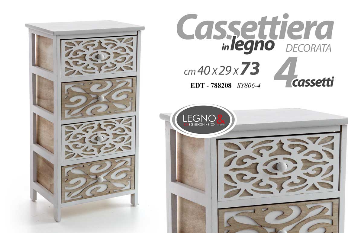 8025569788208 CASSETTIERA DECO TRAFORATA 4 CASSETTI LEGNO COMODINO CLASSICO MODERNO 73*40*29 - immagine 1