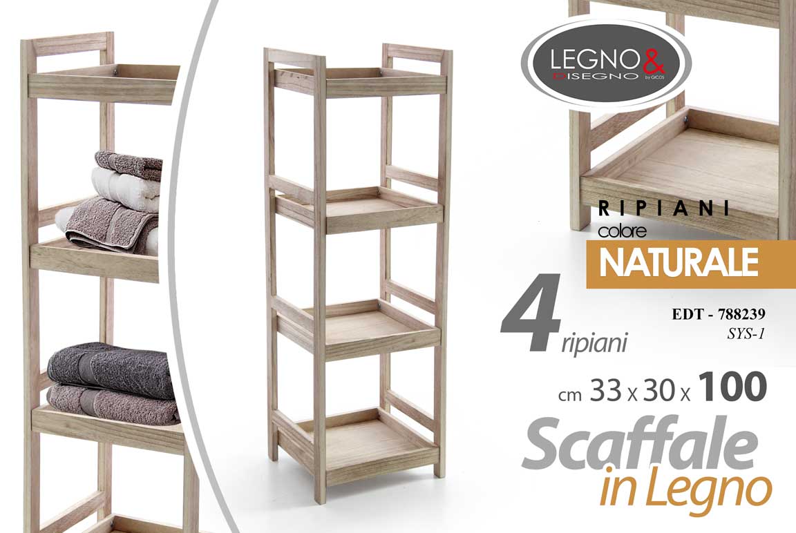 8025569788239 SCAFFALE 4 RIPIANI LEGNO NATUR CUCINA BAGNO PORTA ASCIUGAMANI OGGETTI 100*33*30 - immagine 1