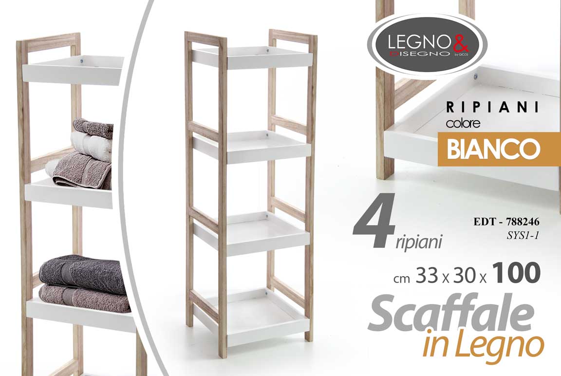 8025569788246 SCAFFALE BIANCO MOBILE LEGNO PORTA ASCIUGAMANI BAGNO 4 RIPIANI LEGNO 100*33*30cm - immagine 1