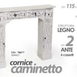 CORNICE FINTO CAMINO CAMINETTO LEGNO 2 ANTE 3 CASSETTI BIANCO ANTICATO 120*23*95