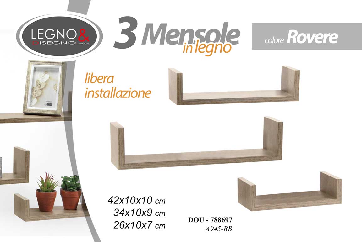 8025569788697 Set 3 Mensole da Parete ROVERE Moderne Design Bordi Mensola Scaffale Legno KIT - immagine 1