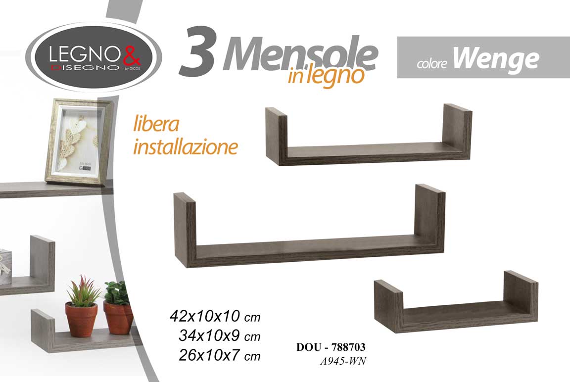 8025569788703 Set 3 Mensole da Parete Moderne Design Mensola Scaffale + KIT ISTAL Legno WENGè - immagine 1