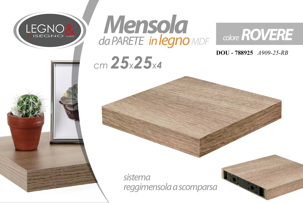 8025569788925 MENSOLA DA PARETE QUADRATA SCAFFALE RIPIANO CON STAFFA MODERNO ROVERE 25*25 CM - immagine 1