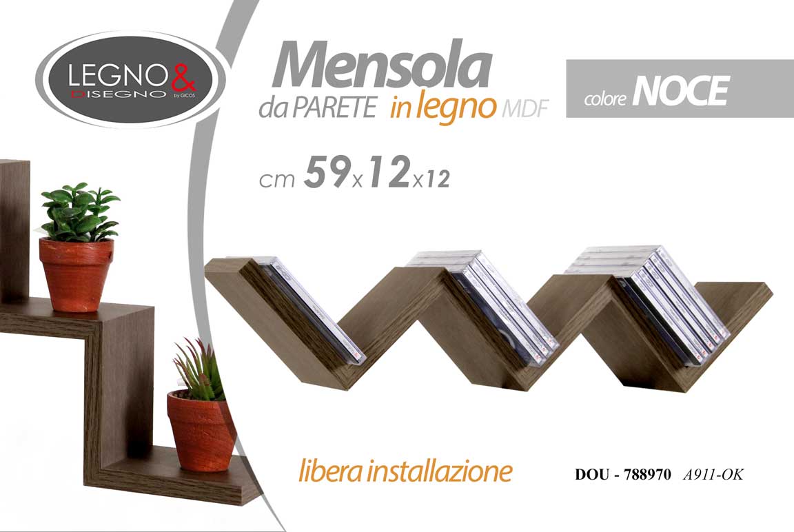 8025569788970 Mensola ZIG ZAG SCALA Parete MURO MODERNO LEGNO KIT DOU NOCE 59*11,8CM - immagine 1