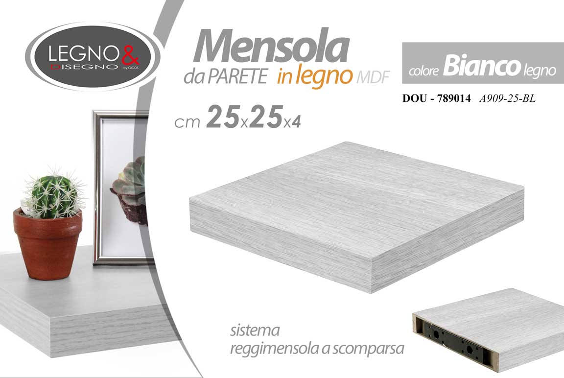 8025569789014 Mensola da parete scaffale reggimensola a scomparsa ripiano BIANCO LEGNO 25*25 - immagine 1
