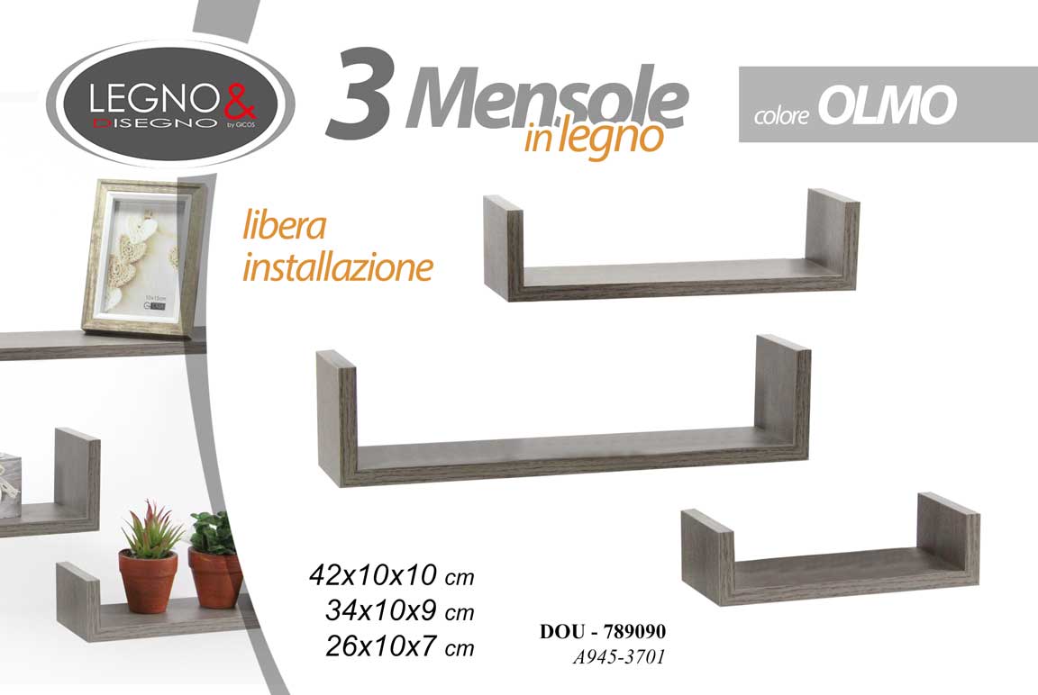 8025569789090 Set 3 Mensole da Parete Moderne Design Mensola Scaffale + KIT ISTAL Legno OLMO - immagine 1