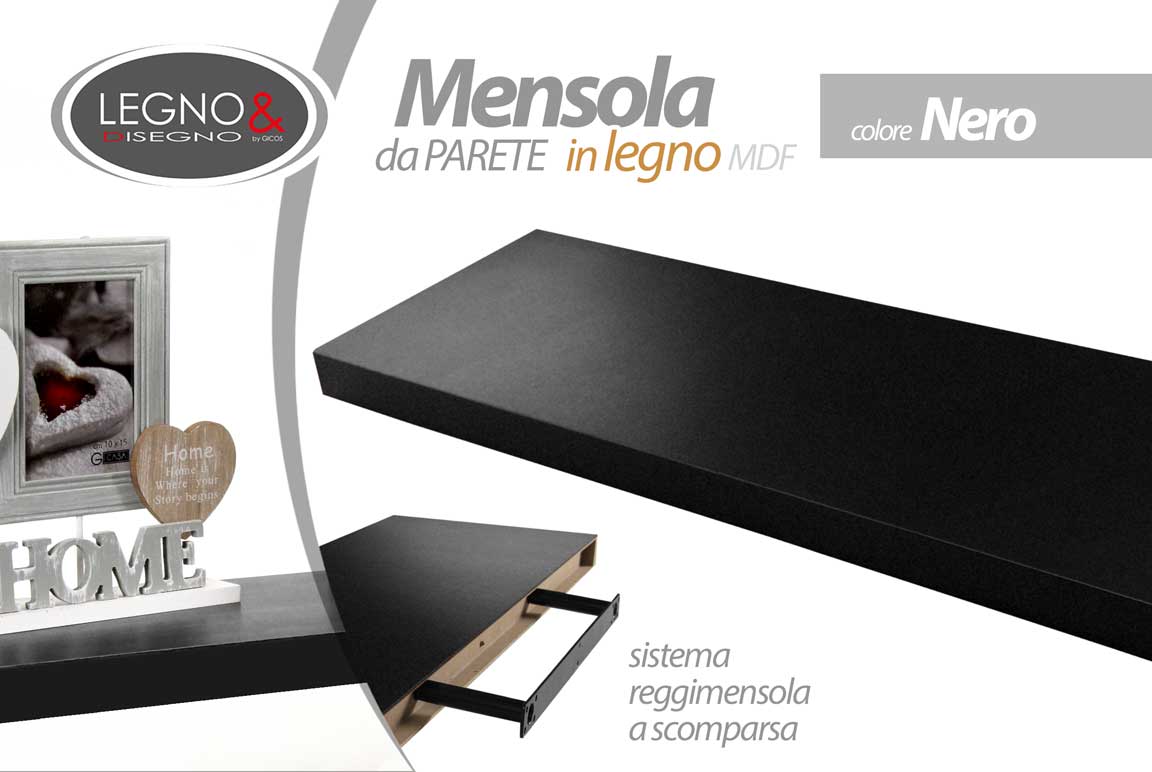8025569789229 MENSOLA DA PARETE MODERNA LEGNO MURO REGGIMENSOLA A SCOMPARSA NERO 60*25*4 cm - immagine 1