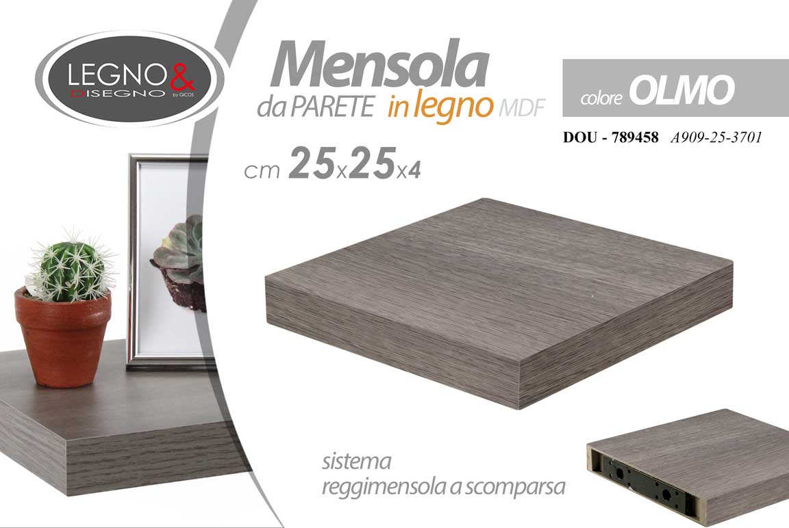 8025569789458 MENSOLA DA PARETE QUADRATA LEGNO SCAFFALE RIPIANO + STAFFA MODERNO OLMO 25*25cm - immagine 1