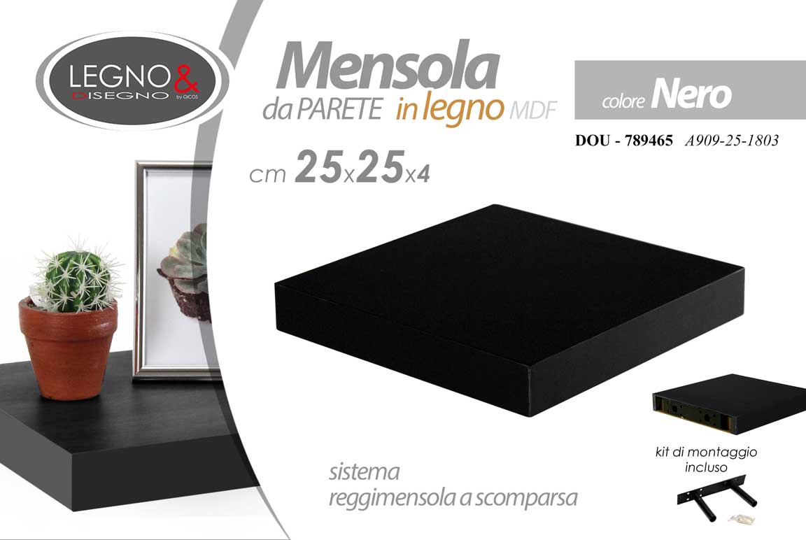 8025569789465 MENSOLA DA PARETE QUADRATA LEGNO SCAFFALE RIPIANO + STAFFA MODERNO NERA 25*25cm - immagine 1