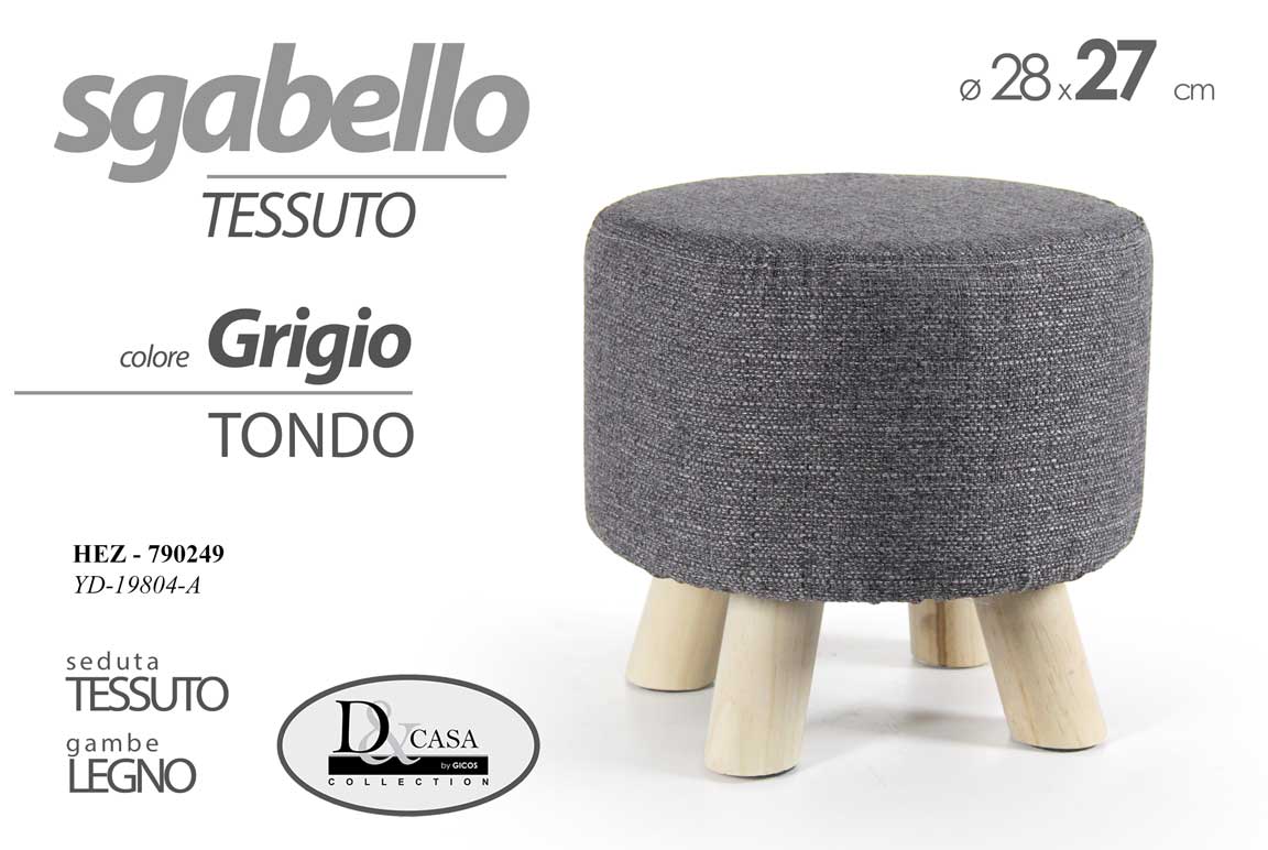 8025569790249 POUF SGABELLO POGGIAPIEDI TONDO MODERNO POUFF PIEDI LEGNO TESSUTO GRIGIO 28*27cm - immagine 1