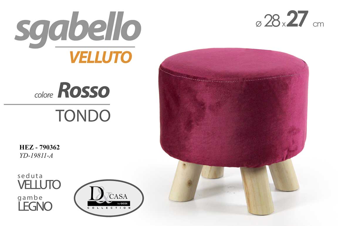 8025569790362 POUF SGABELLO POGGIAPIEDI TONDO ROSSO VELLUTO MODERNO PIEDI LEGNO POUFF 28*h27cm - immagine 1