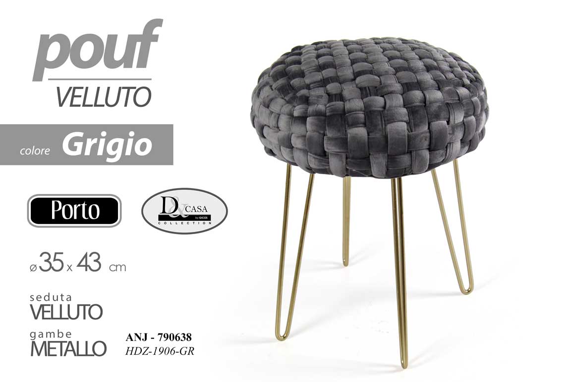 8025569790638 POUF POGGIAPIEDI Intrecciato SGABELLO VELLUTO GRIGIO GAMBE METALLO ORO 43*35 cm - immagine 1