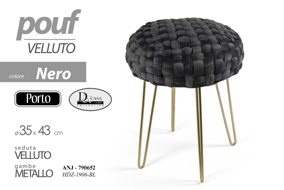 8025569790652 POUF TONDO POGGIAPIEDI MODERNO TESSUTO NERO SGABELLO GAMBE METALLO ORO 43*35 cm - immagine 1