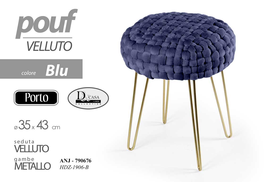 8025569790676 POUF POGGIAPIEDI MODERNO SGABELLO POUFF VELLUTO BLU GAMBE METALLO ORO 43*35 CM - immagine 1