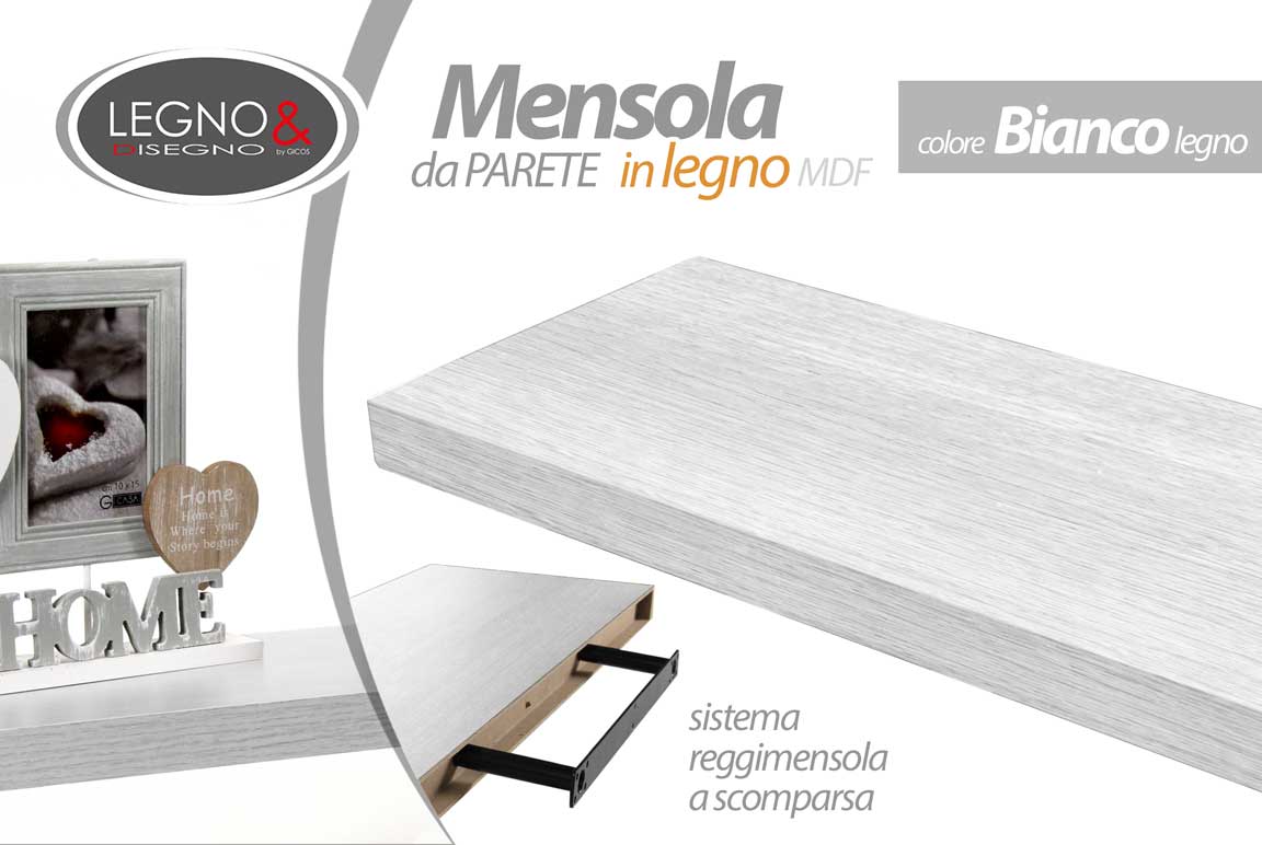 8025569790737 MENSOLA 60*25*h4 CM PORTA QUADRI LIBRI CORNICI PARETE MURO LEGNO BIANCO STRATO - immagine 1