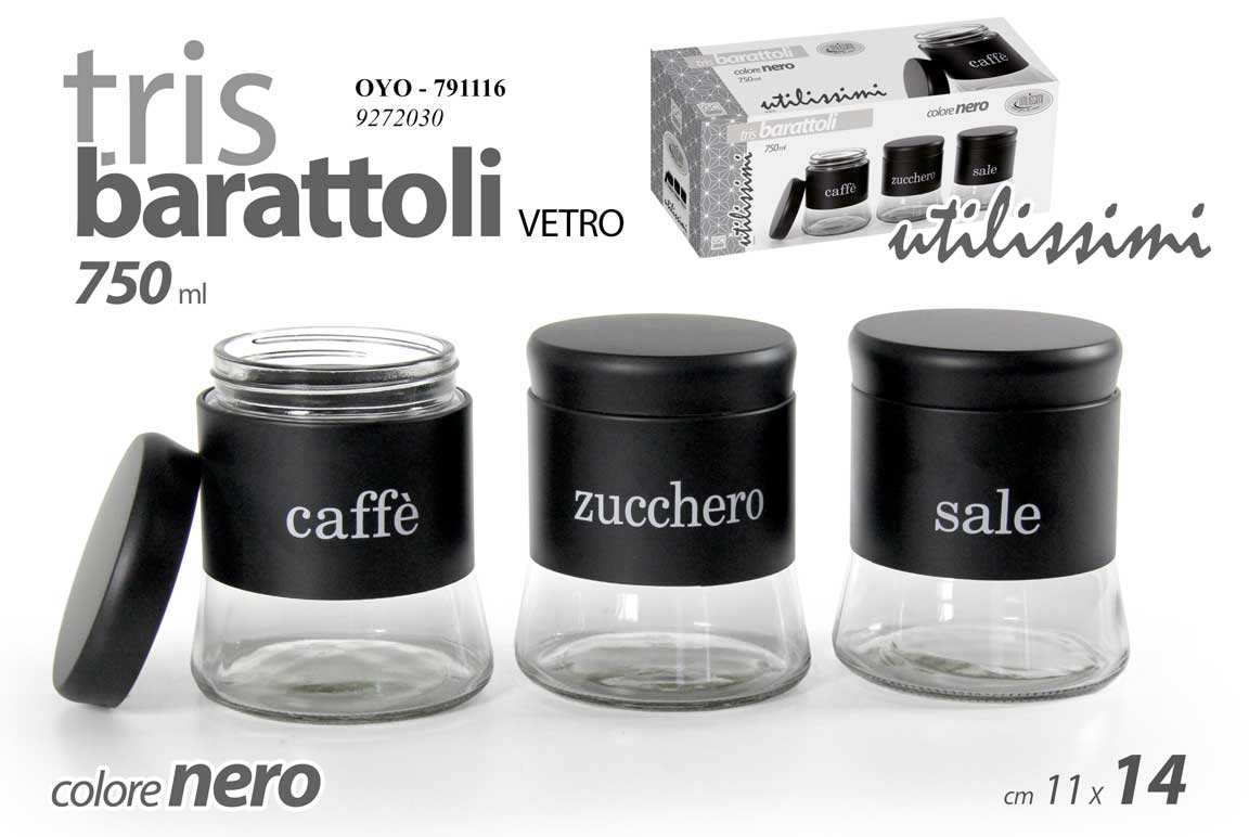 8025569791116 SET Barattoli Sale Zucchero Caffè Tris 3 METALLO NERO Vetro 750ML CUCINA 14*11cm - immagine 1