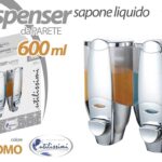 DISPENSER DOPPIO PORTA SAPONE LIQUIDO PARETE MURO Gel Igienizzante CROMO 600 ML