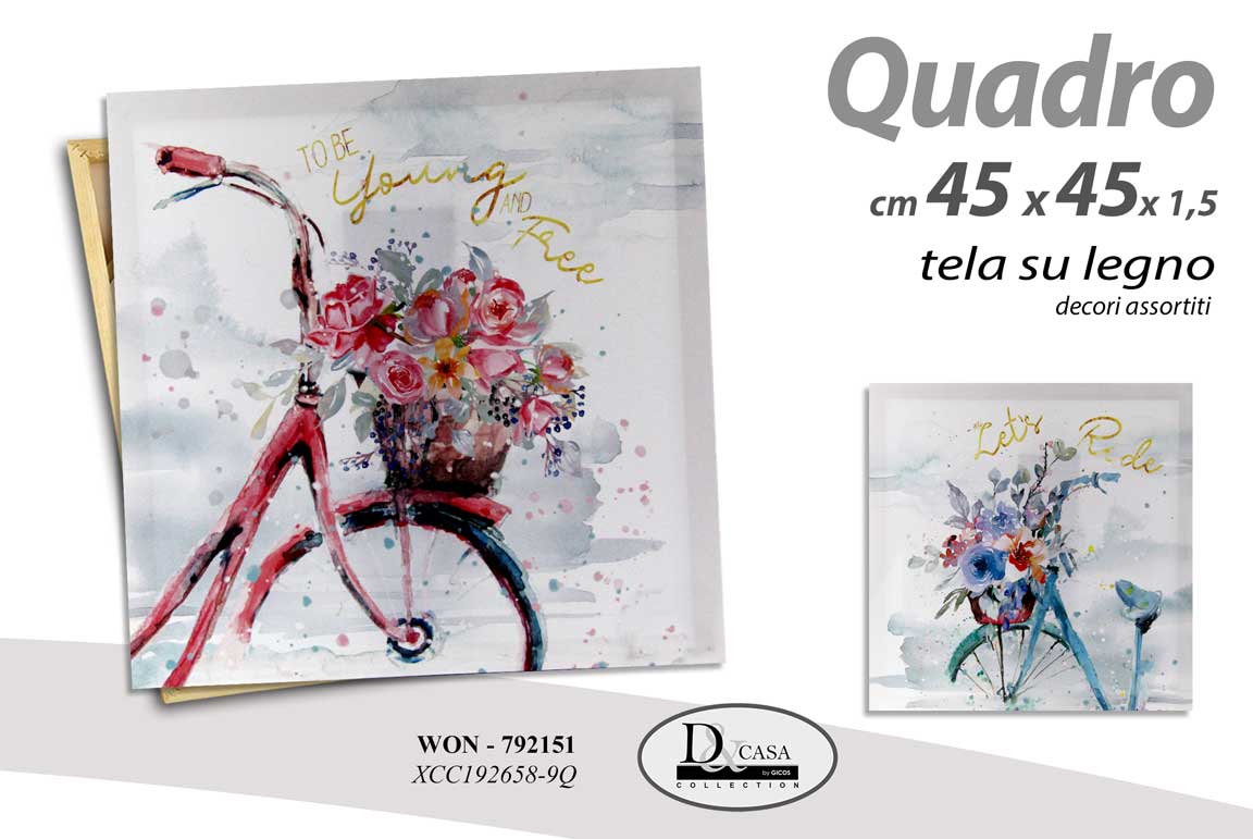 8025569792151 QUADRO STAMPA SU TELA Canvas LEGNO BICICLETTA BLU ROSA FIORI COLOR ASSORT 45*45 - immagine 1