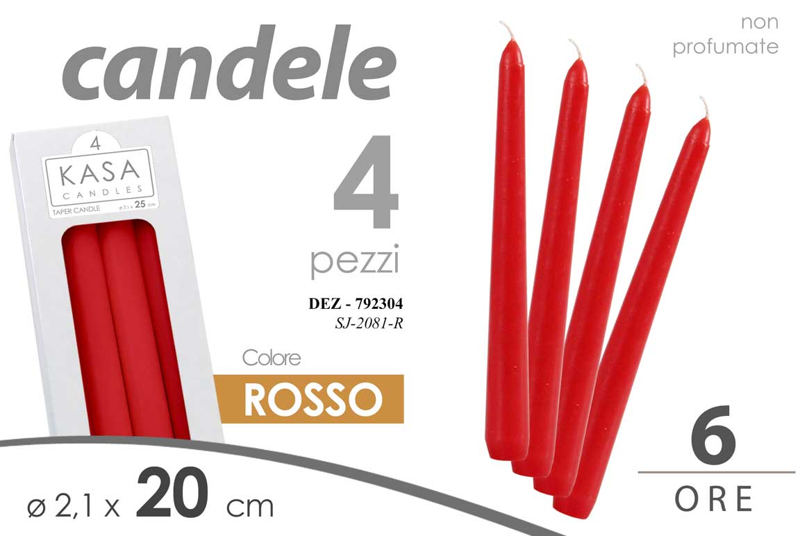8025569792304 SET 4 PZ CANDELE ROSSE KASA CANDLES Ø 2,1x20 CM NON PROFUMATE TAPER CANDLE - immagine 1