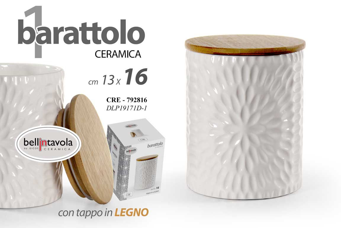 8025569792816 BARATTOLO CERAMICA TAPPO LEGNO ERMETICO Contenitore CUCINA BIANCO 16*13 cm - immagine 1
