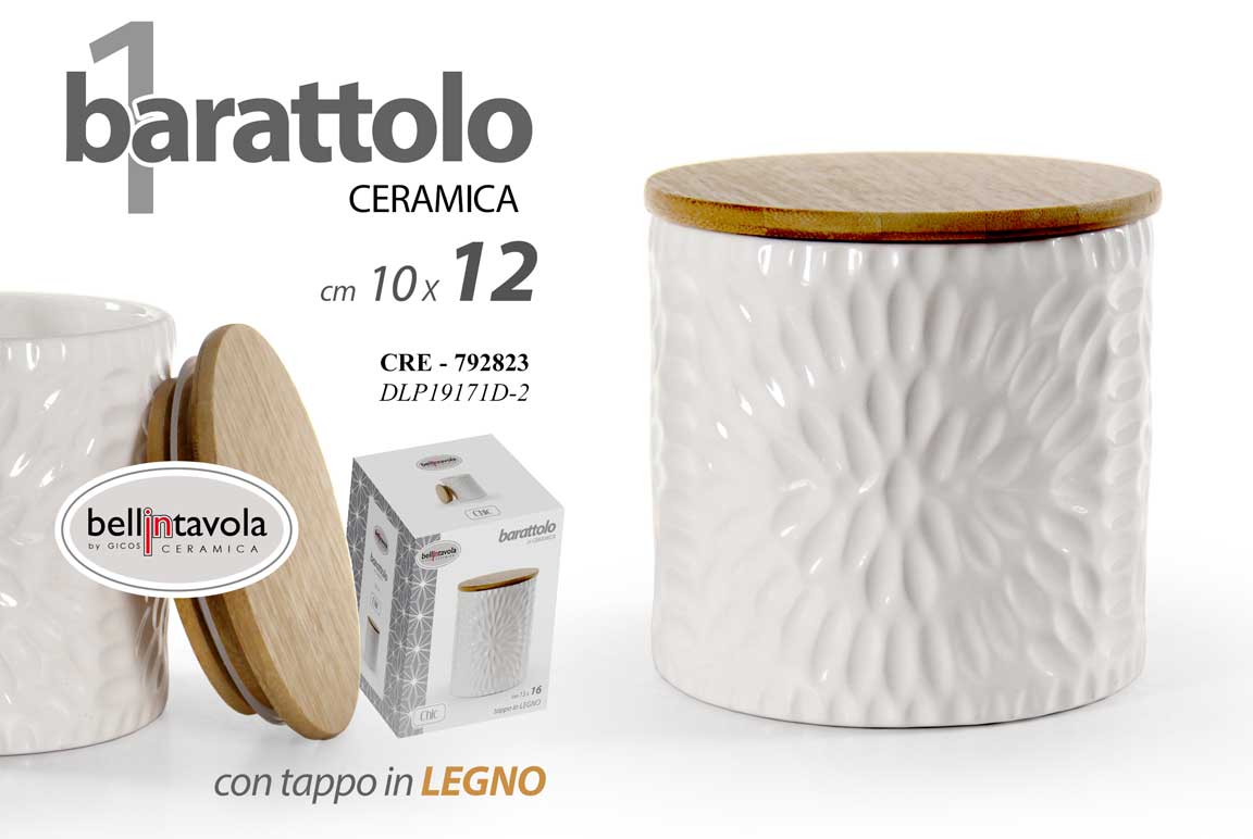 8025569792823 BARATTOLO MODERNO CERAMICA TONDO BIANCO 12*10 cm BARATTOLINO CUCINA TAPPO LEGNO - immagine 1