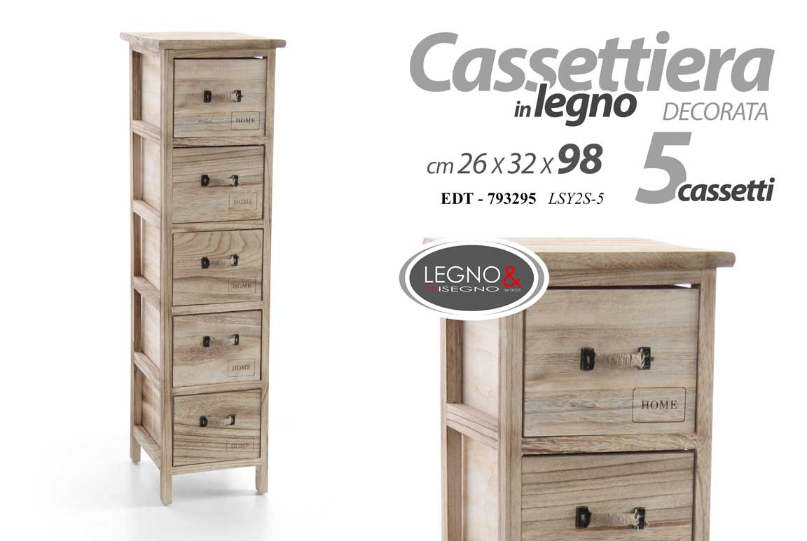 8025569793295 CASSETTIERA MULTIUSO LEGNO NATURALE 5 CASSETTI SLIM SALVASPAZIO DECO 98*26*32 cm - immagine 1