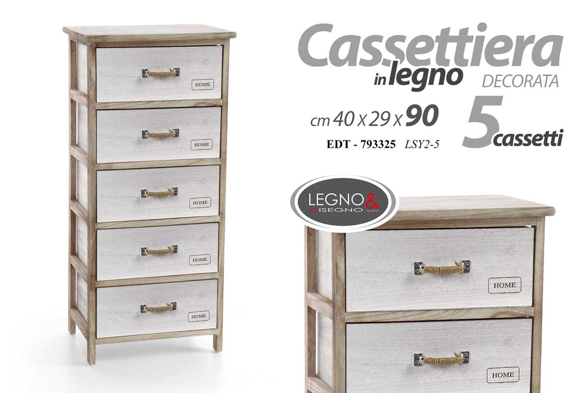 8025569793325 CASSETTIERA SLIM LEGNO 5 CASSETTI CUCINA BAGNO INGRESSO SALOTTO MARRONE 90*40*29 - immagine 1