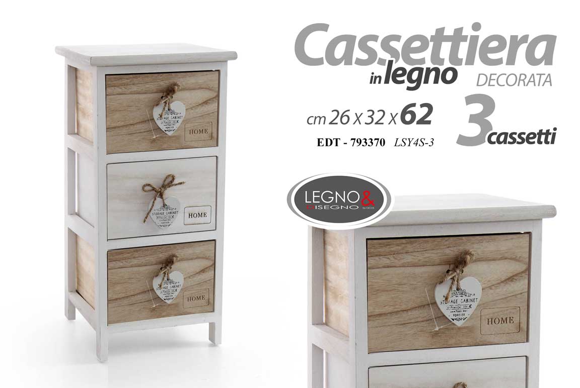8025569793370 CASSETTIERA 3 CASSETTI CUORE LEGNO SLIM SALVASPAZIO BIANCA MARRONE 62*26*32cm - immagine 1