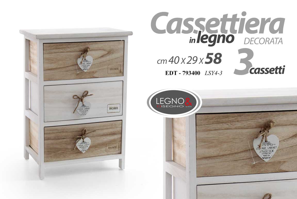 8025569793400 CASSETTIERA 3 CASSETTI LEGNO MARRONE BIANCO CUORE SLIM SALVASPAZIO h58*40*29 CM - immagine 1